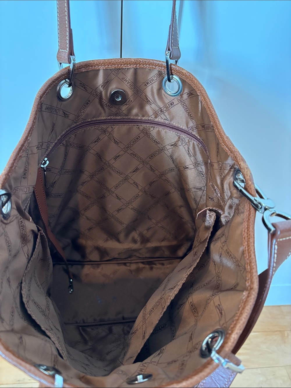 Longchamp Cognac Pebbled Leather Tote with Front Zip - Picture 5 of 7